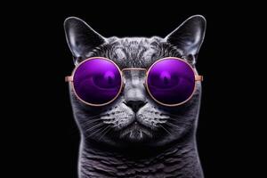 schließen oben von Katze tragen Rosa Sonnenbrille isoliert auf schwarz Hintergrund. generativ ai foto