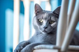 Porträt von ein Blau Katze Sitzung auf ein Stuhl. Blau Hintergrund. generativ ai foto