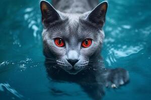 Porträt von ein Russisch Blau Katze mit Blau Augen im das Wasser. generativ ai foto