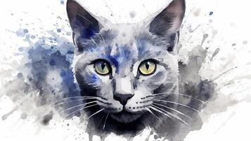 Aquarell Illustration von ein Russisch Blau Katze mit spritzt auf ein Weiß Hintergrund. generativ ai foto