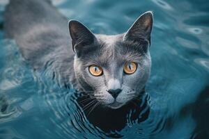 Porträt von ein Russisch Blau Katze mit Blau Augen im das Wasser. generativ ai foto