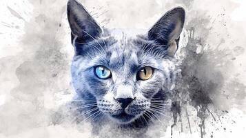 Aquarell Illustration von ein Russisch Blau Katze mit spritzt auf ein Weiß Hintergrund. generativ ai foto