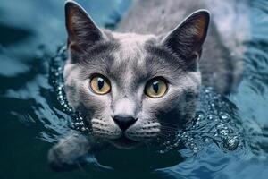 Porträt von ein Russisch Blau Katze mit Blau Augen im das Wasser. generativ ai foto