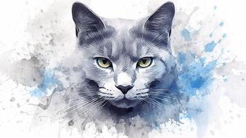 Aquarell Illustration von ein Russisch Blau Katze mit spritzt auf ein Weiß Hintergrund. generativ ai foto