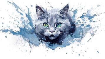 Aquarell Illustration von ein Russisch Blau Katze mit spritzt auf ein Weiß Hintergrund. generativ ai foto