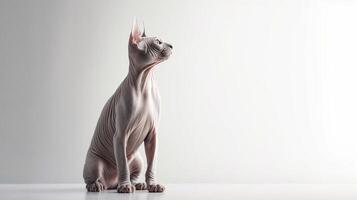 bezaubernd Sphynx Katze auf Weiß Hintergrund mit Kopieren Raum. generativ ai foto