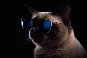 Siamese tragen schwarz Sonnenbrille auf schwarz Hintergrund. generativ ai foto