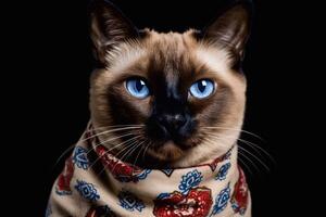 Porträt von ein Siamese Katze mit Blau Augen im ein Schal auf ein schwarz Hintergrund. generativ ai foto