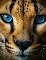 Nahansicht Porträt von ein Leopard mit groß Blau Augen. generativ ai foto