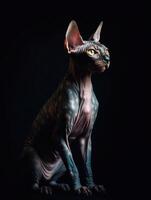 bezaubernd Sphynx Katze auf schwarz Hintergrund. generativ ai foto