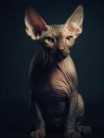 bezaubernd Sphynx Katze auf schwarz Hintergrund. generativ ai foto