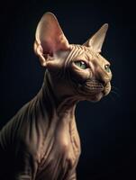 bezaubernd Sphynx Katze auf schwarz Hintergrund. generativ ai foto