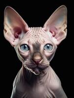 bezaubernd Sphynx Katze auf schwarz Hintergrund. generativ ai foto