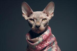 Porträt von ein Sphynx Katze mit ein Schal um seine Nacken. generativ ai foto