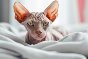 süß Sphink Katze Lügen auf das Bett. generativ ai foto