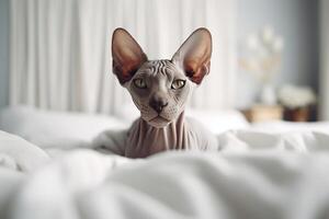 süß Sphink Katze Lügen auf das Bett. generativ ai foto