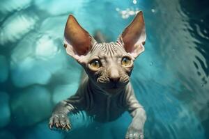 Porträt von ein Sphynx Katze im ein Schwimmen Schwimmbad. generativ ai foto