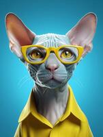 komisch Katze mit Gelb Brille auf Blau Hintergrund. generativ ai foto