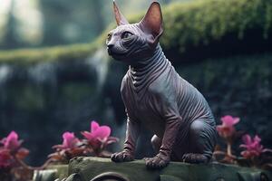 Porträt von ein Sphynx Katze mit Blumen im das Hintergrund. generativ ai foto