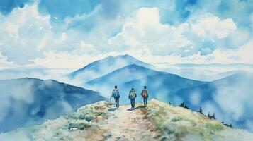 Digital Aquarell Gemälde von ein Gruppe von Wanderer Gehen auf ein Berg Pfad. generativ ai foto
