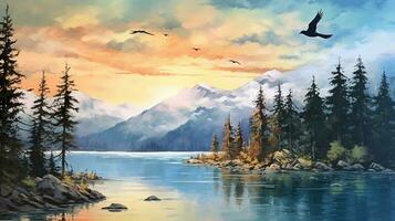 Digital Gemälde von ein Berg Landschaft mit ein See und ein Herde von Vögel. generativ ai foto