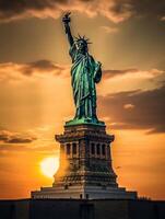 Statue von Freiheit beim Sonnenuntergang im Neu York Stadt, USA. generativ ai foto