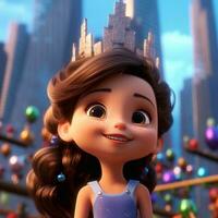 süß wenig Mädchen tragen Krone bilden Gebäude auf ihr Kopf und sie ist Stehen um das Wolkenkratzer im Animation foto