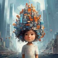 süß wenig Mädchen tragen Krone bilden Gebäude auf ihr Kopf und sie ist Stehen um das Wolkenkratzer im Animation foto