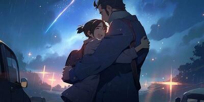 ein Vater hält und Umarmungen seine wenig Mädchen beim Nacht im Anime Stil foto