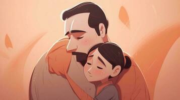 Illustration von ein Vater Umarmungen seine Tochter im ein warm und herzlich Umarmung im Karikatur Stil foto