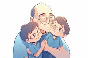 Illustration von ein Vater Umarmungen seine Söhne im ein warm und herzlich Umarmung im Karikatur Stil foto