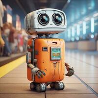 3d machen von Orange Roboter im Flughafen Terminal. 3d Illustration. foto