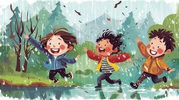 glücklich Kinder spielen im das Regen. generativ ai foto