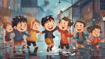 glücklich Kinder spielen im das Regen. generativ ai foto