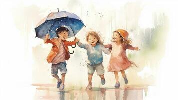 Aquarell Illustration von ein glücklicher Kinder Gehen im das Regen. Aquarell Hintergrund. generativ ai foto