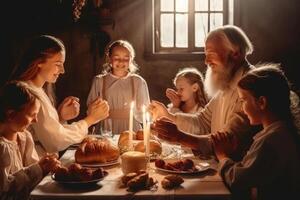 Familie beten Vor Abendessen im das Erntedankfest Abendessen. ai generiert foto