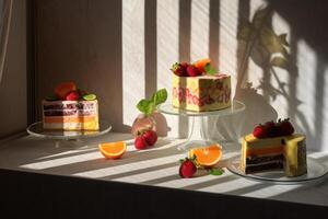 Regenbogen Kuchen auf dunkel Hintergrund ai generiert foto