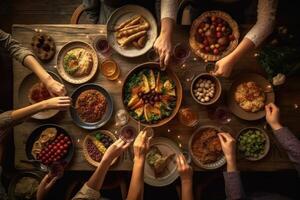 Familie beten Vor Abendessen im das Erntedankfest Abendessen. ai generiert foto