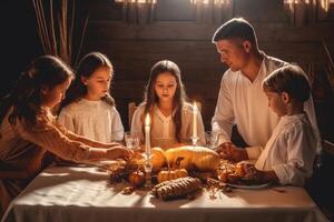 Familie beten Vor Abendessen im das Erntedankfest Abendessen. ai generiert foto