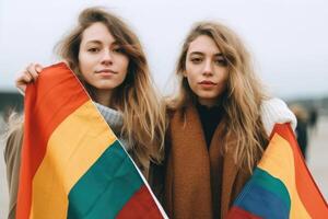 glücklich jung Frauen Umarmen halten lgbtq Flagge. ai generativ foto