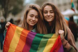 glücklich jung Frauen Umarmen halten lgbtq Flagge. ai generativ foto