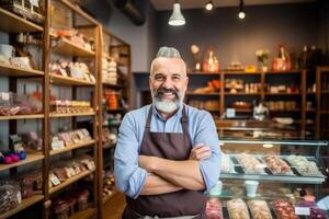 Porträt von zuversichtlich Chocolatier Geschäftsmann Stehen im ihr Geschäft Waffen gekreuzt suchen zu Kamera. ai generativ foto