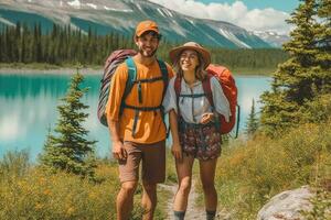 Paar mit Rucksäcke genießen wandern. ai generativ foto