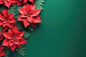 Neu Jahr oben Aussicht eben legen Kekse auf Grün Hintergrund mit Weihnachtsstern Blumen. ai generativ foto