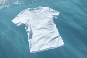 Weiß T-Shirt Attrappe, Lehrmodell, Simulation floatinf auf Wasser Oberfläche, ai generativ foto