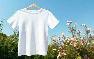 Weiß T-Shirt Attrappe, Lehrmodell, Simulation auf Aufhänger draußen, ai generativ foto