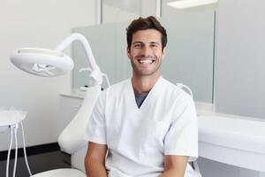 kaukasisch Mann Zahnarzt lächelnd während Stehen im Dental Klinik, ai generativ foto