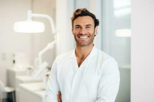 kaukasisch Mann Zahnarzt lächelnd während Stehen im Dental Klinik, ai generativ foto