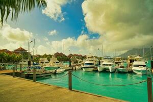 mahe Seychellen 30.06.2023 Docking Yachten und Boote beim Eden Insel Yachthafen mit Villen beim das zurück, Aussicht von mahe Insel, üppig Berg, Seychellen foto