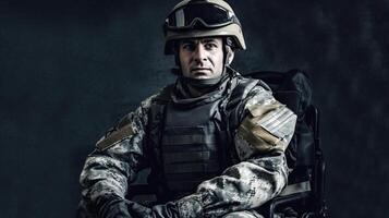deaktiviert Soldat im ein Militär- Uniform sitzen auf Rad Stuhl auf ein dunkel Hintergrund. generativ ai. foto